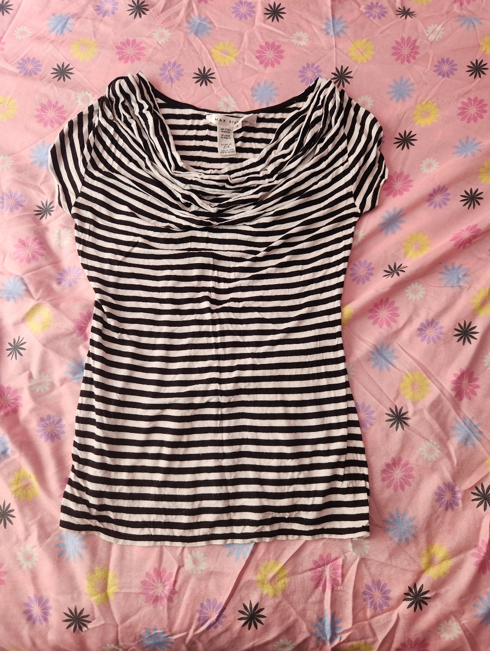 Max Studio Black & White Striped Cowl Neck Tee